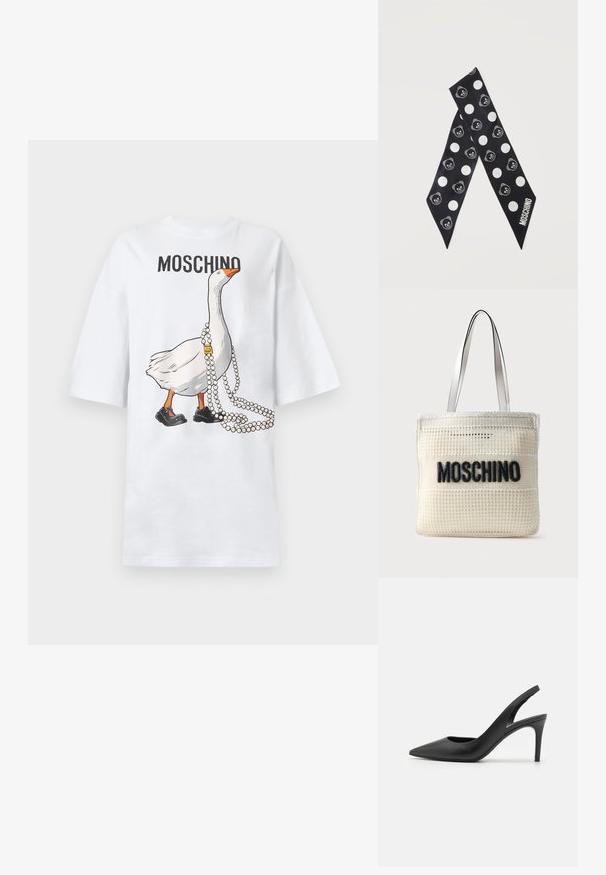 Λευκό βαμβακερό φαρδύ t-shirt με ένα κινουμένων σχεδίων χήνα που φοράει μαύρα παπούτσια και κολιέ με πέρλες, με το κείμενο «Moschino» από πάνω.; Μαύρες δερμάτινες ψηλές γόβες slingback με σχέδιο σε μυτερή μύτη, διαθέτοντας κοψίματα μπροστά και λεπτό στιλέτο τακούνι.; Μαύρο κασκόλ με λευκές πουά και πρόσωπα αρκουδάκια, το ένα άκρο έχει το κείμενο "MOSCHINO" σε λευκό.; Τσάντα ώμου σε εκρού χρώμα με υφαντό σχέδιο, μαύρο λογότυπο "MOSCHINO" στο μπροστινό μέρος και λευκές δερμάτινες λαβές, πάνω σε απλό φόντο.