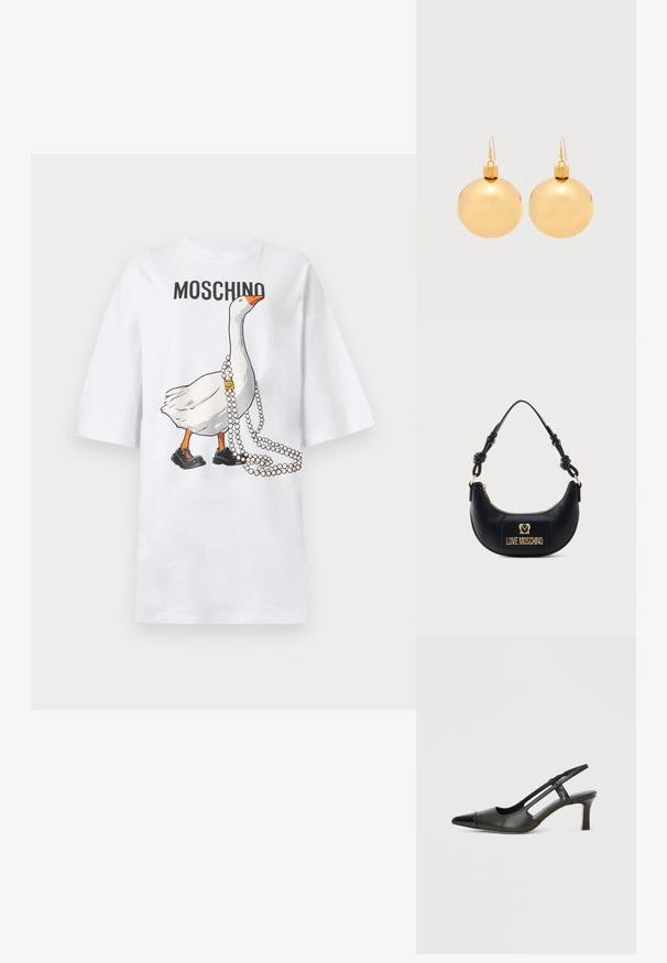 Λευκό βαμβακερό φαρδύ t-shirt με ένα κινουμένων σχεδίων χήνα που φοράει μαύρα παπούτσια και κολιέ με πέρλες, με το κείμενο «Moschino» από πάνω.; Μαύρο δερμάτινο παπούτσι slingback με μυτερή μύτη, που διαθέτει γυαλιστερή λεπτομέρεια στην άκρη της μύτης και μεσαίου ύψους τακούνι. Σχεδίαση με ανοιχτές πλευρές.; Μαύρη τσάντα ώμου σε σχήμα ημισελήνου με κόμπο στη λαβή και χρυσή πλακέτα με το λογότυπο "Love Moschino" στο μπροστινό μέρος, κλείσιμο με φερμουάρ στην κορυφή.; Ζευγάρι γυαλιστερών χρυσών σκουλαρικιών με στρογγυλές χριστουγεννιάτικες μπάλες και γάντζους στερέωσης σε απλό λευκό φόντο.