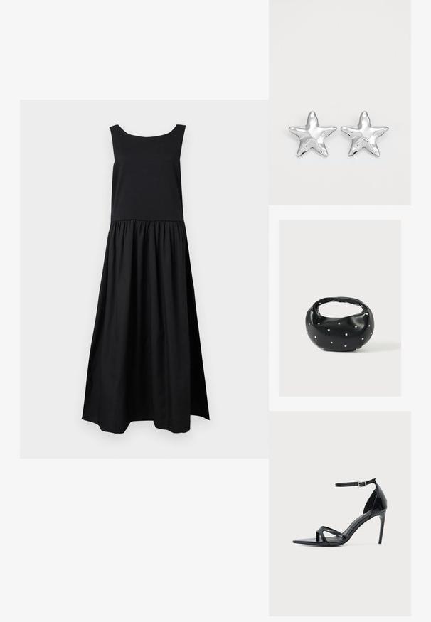 Robe maxi noire sans manches avec un corsage ajusté et une jupe froncée, présentée sur un fond clair uni.; Sandale à talon haut en cuir verni noir avec fine bride à la cheville, bout ouvert et design minimaliste sur fond clair uni.; Sac à main en cuir noir de forme arrondie, décoré de clous argentés et équipé d'une poignée courte. Texture lisse et fermeture éclair.; Boucles d'oreilles argentées en forme d'étoile, avec une surface lisse et brillante. Chaque boucle d'oreille possède cinq pointes et des détails subtils de texture de surface.