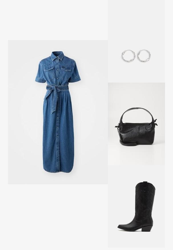 Robe chemise en denim bleu, avec des manches courtes, deux poches poitrine, une taille ceinturée et une fermeture intégrale à boutons.; Botte de cowboy en cuir noir avec un bout pointu, un talon bas empilé et un motif de feuilles embossé complexe sur la tige. Boucle en haut pour un enfilage facile.; Sac à main en cuir noir au design structuré, avec une poignée arrondie et une bandoulière amovible. Présente une texture lisse et un éclat subtil.; Boucles d'oreilles en argent en forme de créole, avec une texture ondulante et irrégulière. Présente une forme circulaire mince et une finition réfléchissante.
