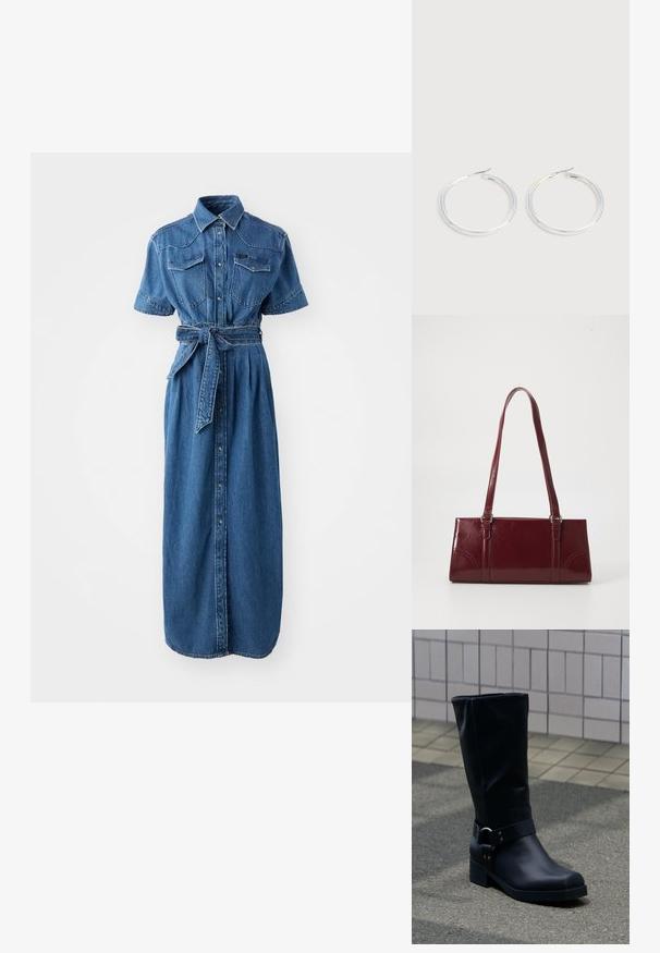 Robe chemise en denim bleu, avec des manches courtes, deux poches poitrine, une taille ceinturée et une fermeture intégrale à boutons.; Botte en cuir noire mi-mollet avec un petit talon bloc et une bride décorative avec boucle métallique autour de la cheville, sur un trottoir carrelé.; Sac à main bordeaux en matériau brillant, de forme rectangulaire, avec deux anses et des accents légèrement courbés à l'avant.; Paire de boucles d'oreilles créoles argentées brillantes avec fermoirs en fil fin, présentée sur un fond gris clair.