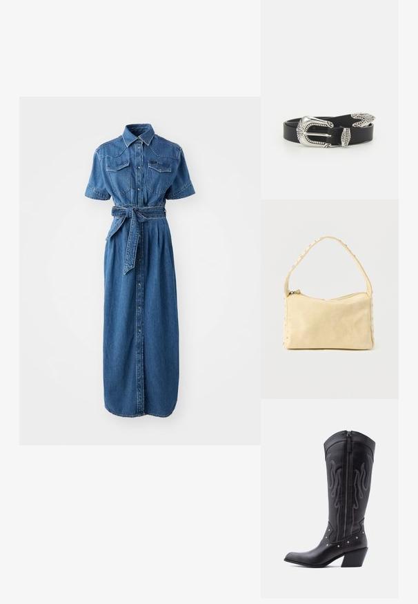 Jeanshemdkleid in Blau, mit kurzen Ärmeln, zwei Brusttaschen, einem gegürteten Bund und einer durchgehenden Knopfleiste.; Schwarze Cowboy-Stiefel aus Leder mit spitzer Zehenpartie, sichtbarer Nahtführung, silbernen Nietenakzenten und Reißverschluss auf der Innenseite.; Kleine beige Ledertasche mit einem einzigen Riemen und silbernen Nieten entlang der Kanten und des Riemens, vor einem schlichten Hintergrund.; Schwarzer Ledergürtel mit einer großen silbernen Metallschnalle, die über feine Verzierungen und dekorative Akzente an beiden Enden verfügt.