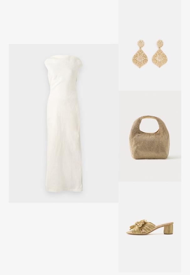 Witte linnen maxi-jurk met een off-the-shoulder halslijn, aansluitende silhouet en rechte zoom. Heeft een textuurstof voor extra detail.; Gouden geplooide slide sandaal met een strikdetail, open neus en een gestructureerde blokhak. Heeft een platte zool en een gladde binnenvoering.; Kleine handtas in goudkleur, bedekt met glanzende ronde studs, met een kort handvat en een rechthoekige uitsnede aan de bovenkant.; Gouden drop oorbellen van ingewikkelde filigree, met een bloemontwerp en een watervalvorm, met een decoratieve ronde stud aan de bovenkant.