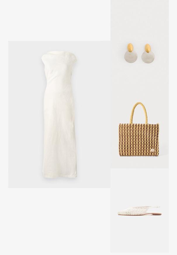Witte linnen maxi-jurk met een off-the-shoulder halslijn, aansluitende silhouet en rechte zoom. Heeft een textuurstof voor extra detail.; Plat wit gevlochten lederen slingback-schoen met puntige neus en lage bruine zool op een neutrale achtergrond.; Geweven tas in bruin en geel, met een rechthoekige vorm, twee handvatten en een textuurafwerking met zichtbare stiksels en een merketiket.; Gouden en zilveren metalen oorbellen met een ronde schijfbasis en een ovale bovenstuk, gladde textuur en gepolijste afwerking.