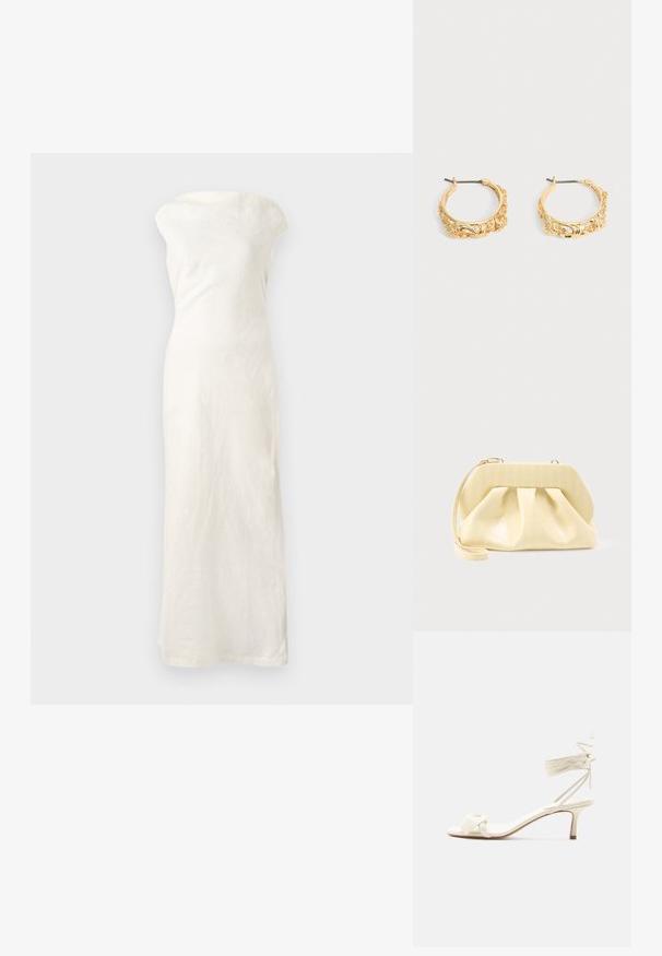 Robe maxi en lin blanc avec un décolleté bardot, une silhouette ajustée et un ourlet droit. Présente un tissu texturé pour un détail supplémentaire.; Sandale à talon bas de couleur crème avec des liens à nouer autour de la cheville et une large bride torsadée sur les orteils, sur un fond blanc uni.; Pochette en cuir couleur crème avec un cadre supérieur structuré et une lanière pour poignet, présentée sur un fond clair uni.; Paire de boucles d’oreilles créoles couleur or avec embossage floral et feuillage orné sur un fond neutre.