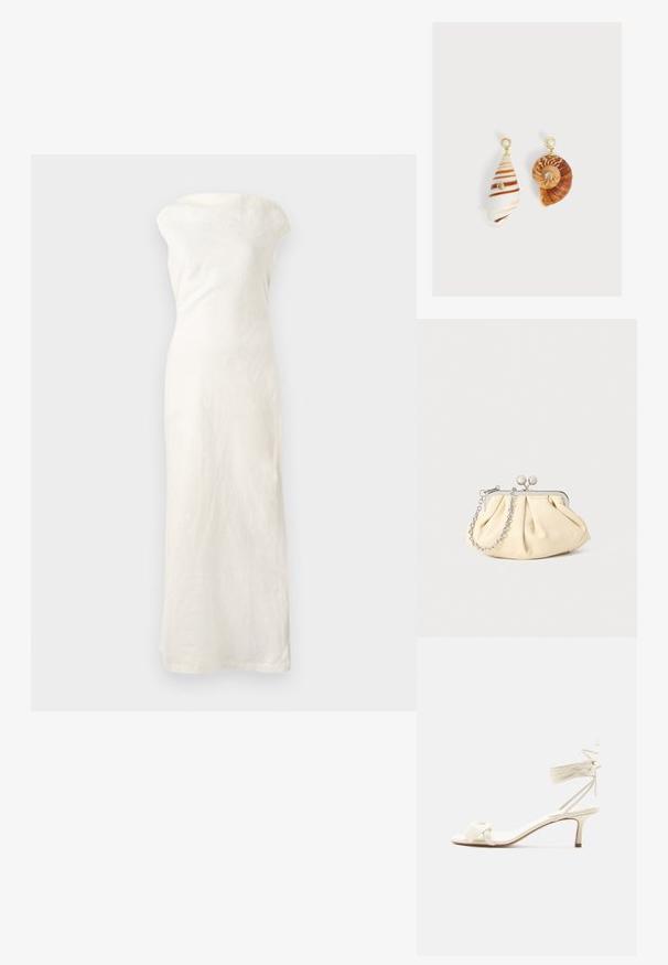 Witte linnen maxi-jurk met een off-the-shoulder halslijn, aansluitende silhouet en rechte zoom. Heeft een textuurstof voor extra detail.; Roomkleurige sandalen met lage hak, enkelriempjes en een brede gedraaide band over de tenen, op een effen witte achtergrond.; Geplooide beige leren clutch met een zilveren metalen frame, voorzien van twee ronde decoratieve sluitingen en een zilveren kettingriem.; Asymmetrische oorbellen met schelpenhangers, gouden studs met pareltoppen en kleine ingelegde heldere edelstenen op elke schelp.