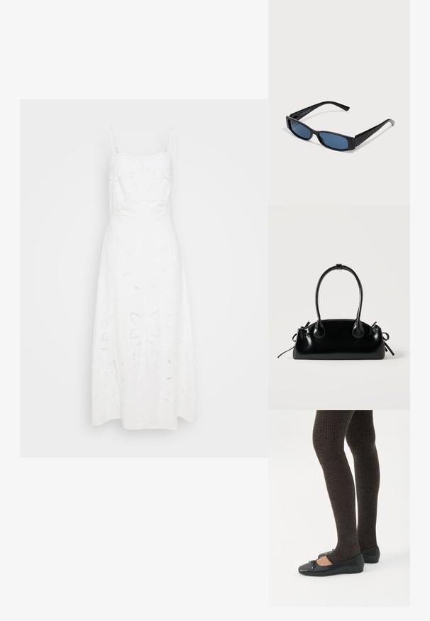Witte linnen jurk met verstelbare spaghetti-bandjes, voorzien van bloemenborduurwerk en uitsnijdingen op de rok. A-lijn silhouet.; Benen met donkere geribbelde leggings gecombineerd met zwarte ballerina's met kleine strikdetails op een witte achtergrond.; Zwarte zonnebril met een slank rechthoekig frame en blauwe lenzen. Heeft een gladde textuur en stevige pootjes. Merklogo aan de zijkant.; Kleine zwarte glanzende handtas met twee lange hengsels en zijkant trekkoord details op een effen lichte achtergrond.