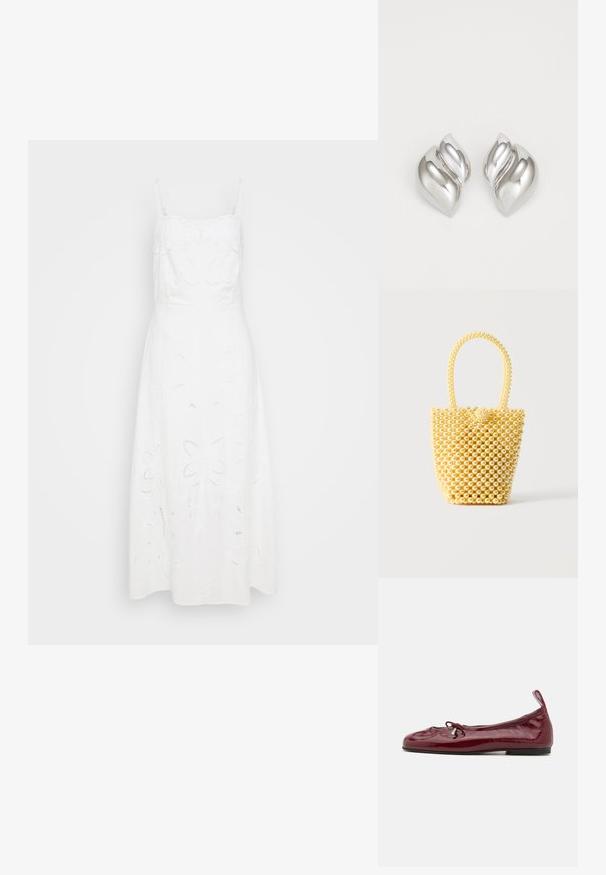 Weißes Leinenkleid mit verstellbaren Spaghetti-Trägern, verziert mit floralem Stickereien und Ausschnitten im Rock. A-Linien-Silhouette.; Burgunderfarbene Lackleder-Ballettschuhe mit einer runden Zehe, dünner schwarzer Sohle und einer Schleifenakzent an der Vorderseite. Glatte, glänzende Textur.; Kleine Beuteltasche aus glänzenden cremefarbenen Perlen mit einem Schlaufenhenkel aus Perlen und dekorativem Perlenknoten als Verschluss.; Silberne Ohrringe mit einer organischen, abstrakten Form. Glatte, glänzende Oberfläche mit einem konischen Design. Mit dezenten Kurven und einem zentralen Linienelement.