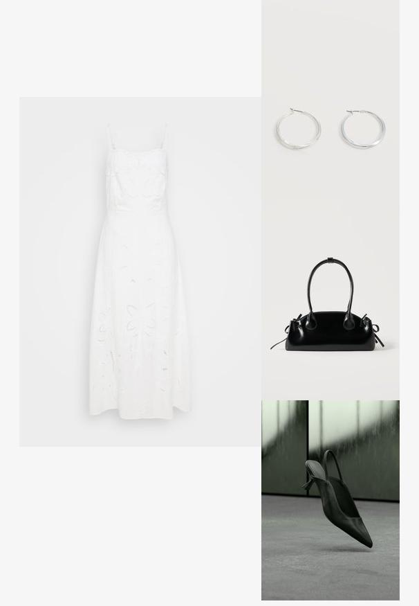 Weißes Leinenkleid mit verstellbaren Spaghetti-Trägern, verziert mit floralem Stickereien und Ausschnitten im Rock. A-Linien-Silhouette.; Schwarzer Slingback-Highheel aus Leder mit spitzer Schuhspitze, schwebt über grauem Teppichboden, unscharfer grünlicher Wandhintergrund.; Kleine schwarze glänzende Handtasche mit zwei langen Griffen und seitlichen Kordelzug-Details vor einfachem hellem Hintergrund.; Silberne Metallcreolen mit glatter, leicht gebogener Oberfläche und Klappverschluss vor schlicht weißem Hintergrund.