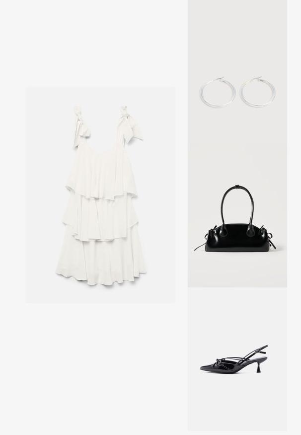 Witte mouwloze jurk met laagjes en ruches en strikbandjes op een effen achtergrond.; Zwarte slingback pump van lakleer met een spits toelopende neus, lage kittenhak en decoratieve knoopstrik aan de voorkant.; Kleine zwarte glanzende handtas met twee lange hengsels en zijkant trekkoord details op een effen lichte achtergrond.; Een paar glanzende zilveren oorringen met dunne draadafsluitingen, getoond op een lichtgrijze achtergrond.