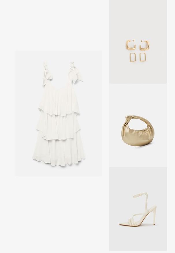 Hvid ærmeløs kjole med lagdelte flæser og bindestropper på ensfarvet baggrund.; Beige sandaler med høje hæle og spids tå, med tre stropper foran og en tynd ankelrem med spænde. Glat tekstur, minimalistisk design.; Guldmetal taske med en glat, shiny overflade. Har et knyttet håndtag og en rund, blød form. Lynlåslukning langs toppen.; To par guldfarvede geometriske hoop-øreringe på en ensfarvet hvid overflade, et par firkantede og solide, et par rektangulære og hule.