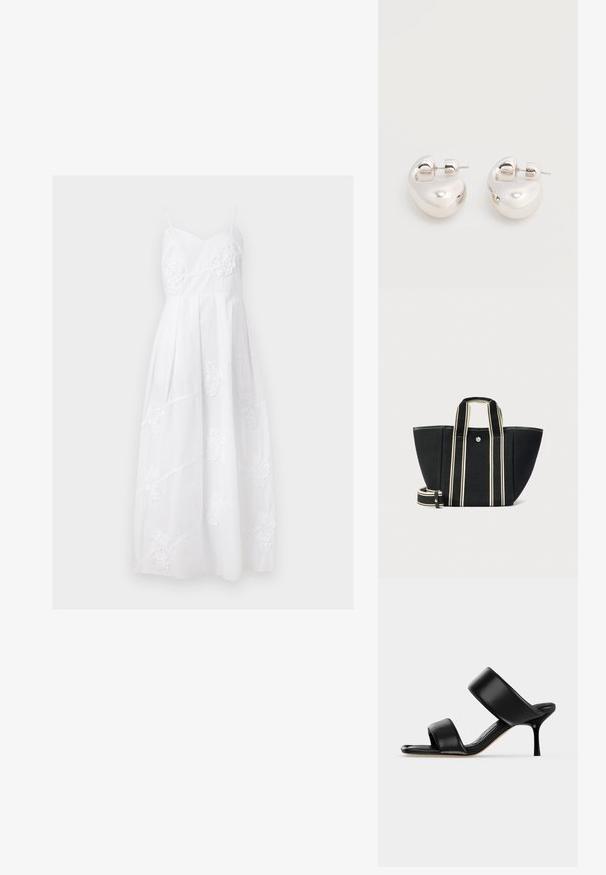 Robe longue blanche sans manches avec bretelles spaghetti et broderie florale subtile sur le corsage et la jupe.; Sandale mule en cuir noir avec deux larges brides et un talon stiletto fin de hauteur moyenne sur un fond clair uni.; Sac fourre-tout noir avec anses larges à rayures crème et bandoulière détachable, fermeture à bouton pression argenté, forme rectangulaire structurée.; Paire de boucles d'oreilles argentées brillantes et épaisses avec fermoirs à tige, sur fond blanc uni.