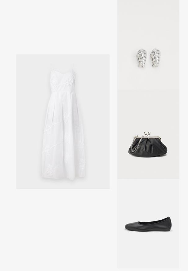 Robe longue blanche sans manches avec bretelles spaghetti et broderie florale subtile sur le corsage et la jupe.; Ballerines en cuir noir avec un bout rond, texture lisse, détails de couture minimalistes et design de semelle flexible.; Porte-monnaie en cuir noir avec texture froncée, cadre en métal argenté, fermeture à verrouillage kiss-lock et bandoulière en chaîne. Surface lisse et douce.; Boucles d'oreilles en clip argentées avec un design en spirale, présentant une texture métallique lisse et des formes arrondies. Pas d'embellissements ou de motifs visibles.