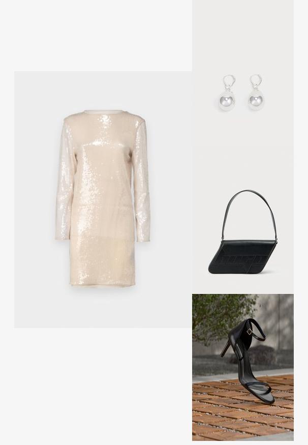 Robe à manches longues en tissu beige scintillant recouvert de sequins. Dotée d'un décolleté rond et d'une coupe droite.; Sandale noire à talon haut avec sangle à la cheville, suspendue au-dessus d'un sol en carreaux de bois à l'extérieur, avec un arrière-plan flou de verdure et de pierre.; Sac d'épaule en cuir noir de forme triangulaire, avec un logo embossé et une seule bandoulière réglable. Design minimaliste avec une texture lisse.; Boucles d'oreilles en argent en forme de goutte avec des surfaces lisses, rondes et réfléchissantes, suspendues à des fermoirs à ressort. L'arrière-plan est blanc uni.