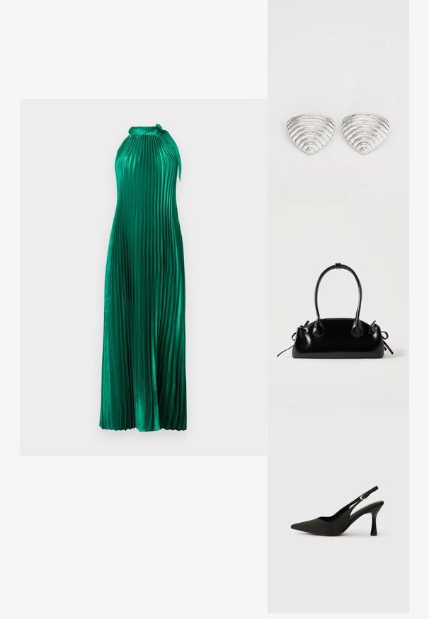 Vestido verde plegado con cuello halter, hecho de una tela brillante. Presenta un diseño fluido y pliegues verticales texturizados.; Zapatos de tacón negro tipo slingback con puntera afilada, acabado mate suave y un tacón delgado y brillante. Correa ajustable con detalle de hebilla pequeña.; Pequeño bolso negro brillante con dos asas largas y detalles de cordón lateral sobre un fondo claro liso.; Pendientes en tono plateado con un diseño ondulado y texturizado, con forma de media lunas superpuestas; el acabado pulido realza las cualidades reflectantes.