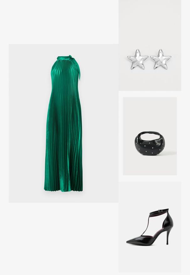Robe plissée verte avec un col halter, fabriquée dans un tissu brillant. Présente un design fluide et des plis verticaux texturés.; Chaussure à talon haut en cuir verni noir à bout pointu avec bride en T et fermeture à boucle autour de la cheville.; Sac à main en cuir noir de forme arrondie, décoré de clous argentés et équipé d'une poignée courte. Texture lisse et fermeture éclair.; Boucles d'oreilles argentées en forme d'étoile, avec une surface lisse et brillante. Chaque boucle d'oreille possède cinq pointes et des détails subtils de texture de surface.