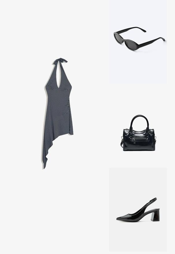 Robe noire et blanche à rayures diagonales, à col licou, avec un ourlet asymétrique et une fermeture à nouer au niveau du cou.; Chaussure slingback en cuir verni noir avec bout pointu et talon bloc épais de hauteur moyenne sur fond blanc.; Lunettes de soleil ovales noires et élégantes avec des verres foncés et des branches droites, posées sur une surface blanche.; Sac à main en cuir noir brillant avec deux poignées, poche avant zippée et bandoulière amovible sur fond blanc.