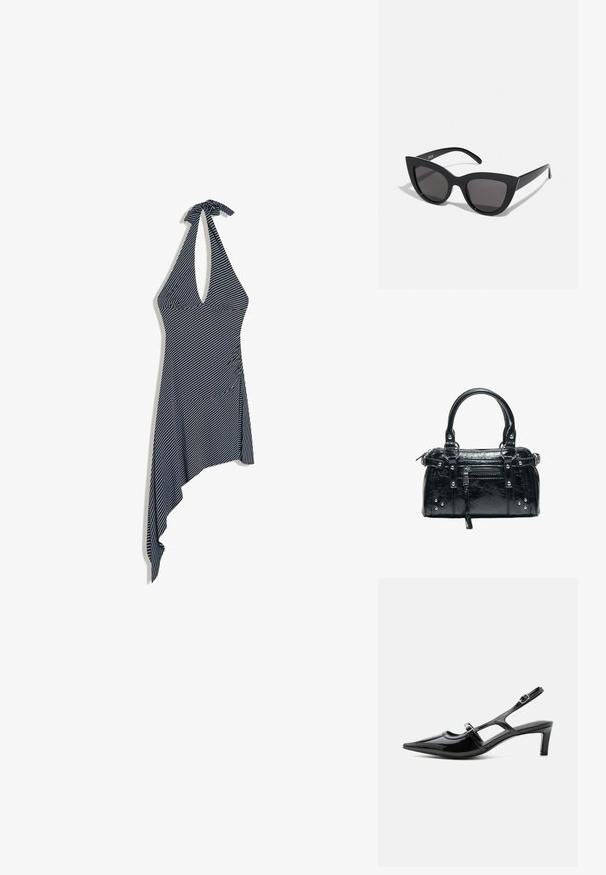 Robe noire et blanche à rayures diagonales, à col licou, avec un ourlet asymétrique et une fermeture à nouer au niveau du cou.; Chaussure slingback en cuir verni noir à bout pointu, petit talon et deux brides réglables avec boucles, vue de profil latéral.; Lunettes de soleil noires en forme d'œil de chat avec une finition mate, dotées de verres teintés gris, d'angles aigus et de branches élégantes. Nom de la marque visible sur la branche intérieure.; Sac à main en cuir noir avec deux poignées, poche avant zippée, clous argentés et surface texturée isolée sur fond blanc.