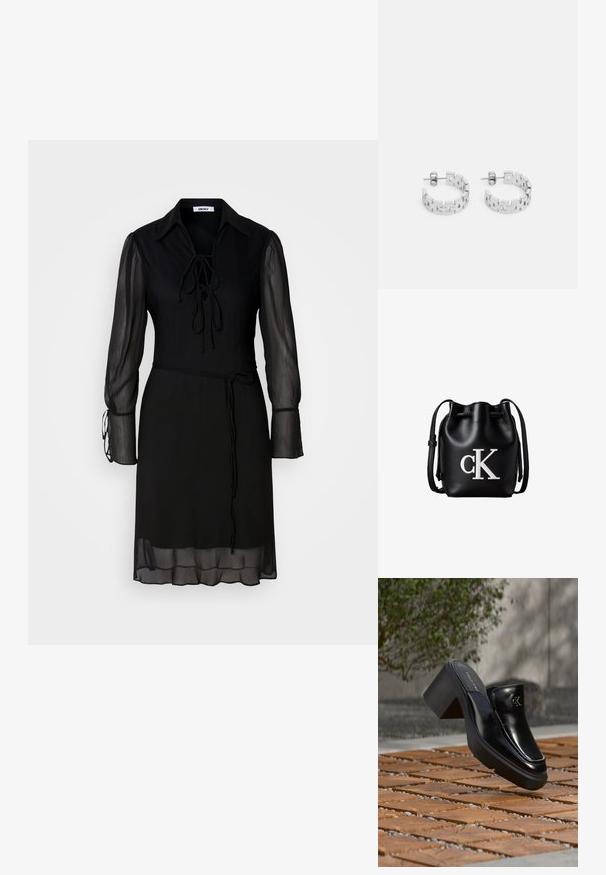 Robe noire avec de longues manches transparentes, un détail de col noué et une taille ceinturée. Présente un tissu uni et une silhouette fluide.; Mule slip-on en cuir noir Calvin Klein avec talon bloc reposant sur des carreaux en bois à l'extérieur près d'une plante verte et d'un mur gris.; Sac seau en cuir noir avec cordon de serrage en haut et logo blanc "cK" sur le devant, doté d’une bandoulière réglable.; Boucles d'oreilles créoles en argent avec un design géométrique présentant des maillons rectangulaires entrelacés, une finition polie et une fermeture à clou.