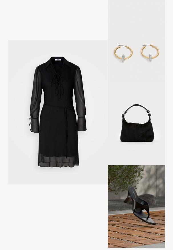 Schwarzes Kleid mit langen, transparenten Ärmeln, einem gebundenen Kragen und einer taillierten Taille. Verfügt über ein einfarbiges Material und eine fließende Silhouette.; Schwarze Calvin Klein Riemchensandale mit Absatz, schwebend über einer gefliesten Außenfläche mit Grünpflanzen und einer Betonwand im Hintergrund.; Schwarze Kunstfell-Handtasche mit weicher Textur, runder Form und einem stabilen schwarzen Leder-Schulterriemen. Sichtbare silberne Hardware-Akzente.; Paar goldfarbene Creolen mit kleinem silberfarbenem Schlaufen-Detail an jeder, vor hellem grauem Hintergrund präsentiert.