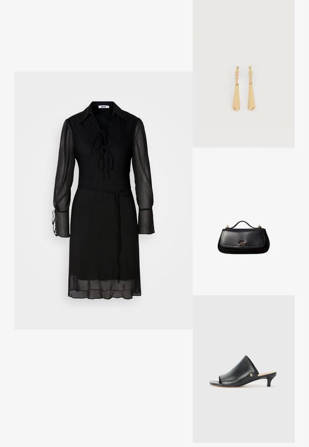 Schwarzes Kleid mit langen, transparenten Ärmeln, einem gebundenen Kragen und einer taillierten Taille. Verfügt über ein einfarbiges Material und eine fließende Silhouette.; Schwarze Leder-Pantoletten mit offenen Zehen und niedrigem Absatz. Sie verfügen über eine glatte Oberfläche und ein goldenes Logo-Detail an der Seite.; Schwarze Lederhandtasche mit kleinem Griff, goldfarbenem "cK" Logo auf der Frontklappe und goldfarbenen Hardware-Akzenten.; Ohrhänger in Gold-Ton mit glatten, länglichen Tropfenanhängern, die an kleinen Creolenverschlüssen hängen, auf weißem Hintergrund.