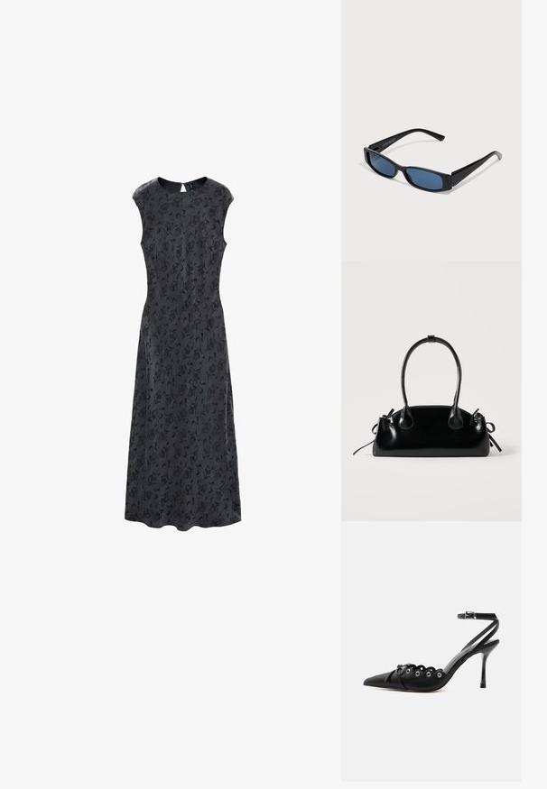Robe noire à imprimé floral avec un bustier ajusté et une jupe évasée, dotée de manches courtes et d'une fermeture éclair au dos. Texture de tissu lisse.; Chaussure à talon haut noire à bout pointu, bords festonnés, œillets métalliques, lacets à l'avant et bride de cheville avec fermeture à boucle.; Lunettes de soleil noires avec une monture rectangulaire élégante et des verres bleus. Présente une texture lisse et des branches robustes. Logo de la marque sur le côté.; Petit sac à main noir brillant avec deux longues anses et des détails à cordon sur les côtés sur un fond clair uni.
