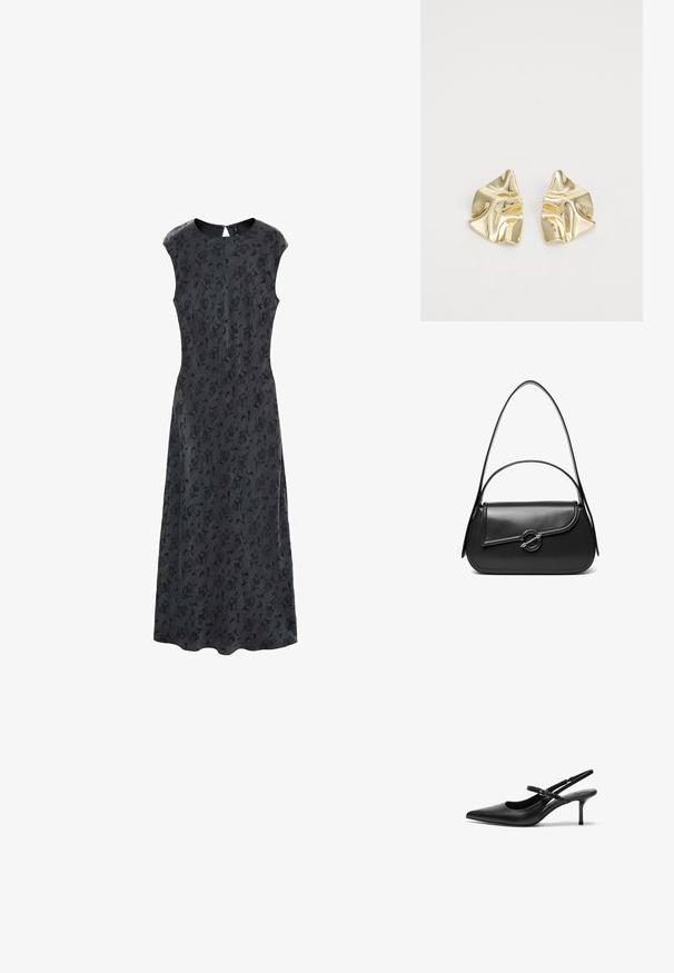 Vestido negro con estampado floral, con un corsé ajustado y falda acampanada, que presenta mangas cortas y cierre de cremallera en la parte posterior. Textura de tela suave.; Zapatos de tacón slingback de cuero negro con punta afilada, correa ajustable delgada y un tacón de aguja de aproximadamente 5 cm, textura suave.; Bolso de hombro de cuero negro con una solapa curva asegurada por un broche metálico redondo y una correa delgada y ajustable.; Pendientes metálicos dorados con un diseño ondulado; superficie lisa y reflectante; forma asimétrica; sin patrones o elementos visibles.