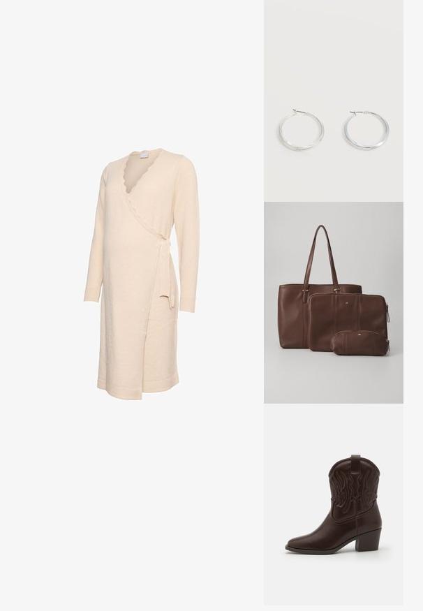 Robe portefeuille couleur crème avec manches longues, encolure festonnée et fermeture à nouer sur le côté. Texture douce et longueur jusqu'au genou.; Bottes de cowboy en cuir marron avec des bouts pointus, des motifs d'ailes gaufrés, un talon bloc de hauteur intermédiaire et une languette à l'arrière.; Sac en cuir marron avec deux pochettes assorties ; le sac a de longues poignées, tandis que les pochettes ont des fermetures éclair et des tailles variées. Accents dorés inclus.; Boucles d’oreilles créoles en métal argenté avec une surface lisse légèrement incurvée et des fermoirs à clapet sur un fond blanc uni.