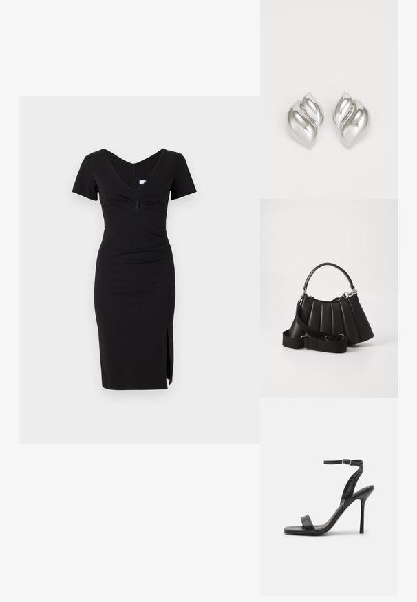Schwarzes, enganliegendes Kleid mit kurzen Ärmeln, V-Ausschnitt, gerafftem Oberteil und seitlichem Schlitz. Hergestellt aus dehnbarem Stoff mit glatter Textur.; Schwarze High-Heels-Sandalen mit schlankem Knöchelriemen und zwei vorderen Riemen. Aus glattem Leder gefertigt, mit einer eleganten spitzen Zehenform und einem Stiletto-Absatz.; Schwarze, gefaltete Handtasche mit einem runden Griff, verstellbarem Schulterriemen und glänzender Textur. Verfügt über silberne Hardware und eine strukturierte Silhouette.; Silberne Ohrringe mit einer organischen, abstrakten Form. Glatte, glänzende Oberfläche mit einem konischen Design. Mit dezenten Kurven und einem zentralen Linienelement.