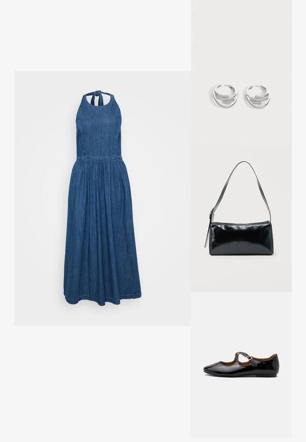Denimová maxi šaty s halter výstrihom, zúženým pásom a splývavou sukňou. Disponujú hladkou textúrou a tmavomodrou farbou, s viazaním na krku.; Čierne lesklé Mary Jane baleríny s dvoma výrezmi a zlatou prackou na bielom pozadí.; Čierna obdĺžniková kabelka na rameno s jedným nastaviteľným remienkom a horným zipsom na jednofarebnom pozadí.; Pár vyleštených strieborných kruhových náušníc s vrstveným, zakriveným tyčovým dizajnom na jednoduchom svetlom pozadí.