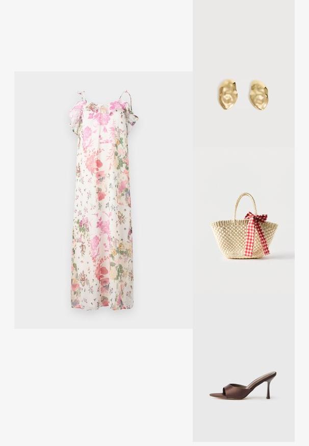Floral maxi-jurk met pastelroze, groene en paarse patronen op een witte achtergrond. Lichtgewicht, met ruche mouwen en verstelbare bandjes.; Bruine satijnen open teen mule met een middenhoge slanke hak en een instapontwerp op een effen witte achtergrond.; Gevlochten strooien tas met gevlochten handvatten en een rood-wit geruit lint dat aan één zijde in een strik is gebonden.; Een paar glanzende, onregelmatig gevormde gouden metalen oorbellen met een gekreukeld, glad oppervlak op een effen lichte achtergrond.