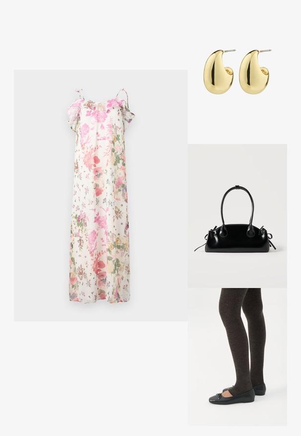 Floral maxi-jurk met pastelroze, groene en paarse patronen op een witte achtergrond. Lichtgewicht, met ruche mouwen en verstelbare bandjes.; Benen met donkere geribbelde leggings gecombineerd met zwarte ballerina's met kleine strikdetails op een witte achtergrond.; Kleine zwarte glanzende handtas met twee lange hengsels en zijkant trekkoord details op een effen lichte achtergrond.; Gouden studs met een gladde, gepolijste afwerking, in een abstracte, druppelvorm. Eenvoudige metalen achterzijde voor bevestiging.