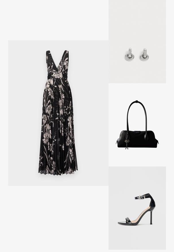 Zwarte bloemen maxi-jurk met een diepe V-hals, geplooid materiaal en een getailleerde taille. Heeft lichte bloemenpatronen in crème en zachte roze tinten.; Zwarte sandalen met hoge hak van lakleer en een enkelriempje. Heeft een minimalistisch ontwerp, open teen en een gesp met strass-steentjes.; Zwarte leren Calvin Klein handtas met lange hengsels, een logo-label aan de voorkant en een zilverkleurige geometrische hanger die aan één hengsel hangt.; Een paar kleine, glanzende zilveren creolen met een ronde basis, afgebeeld op een effen lichte achtergrond.