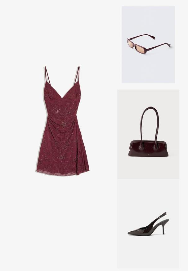 Ærmeløs bordaurød kjole med tynde stropper, V-halsudskæring, blomstrede palietmønstre og en let gathered talje på en hvid baggrund.; Slingback højhælet sko i glat mørkebrun patenteret læder, spids tå, åbne sider og justerbar ankelrem.; Bordeaux solbriller med rektangulære rammer, gradientlinser og slanke arme. Materialet har en glat, blank overflade.; Mørkebrunt blankt læderhåndtaske med lange, tynde håndtag og en struktureret rektangulær bund på en ensfarvet lys baggrund.