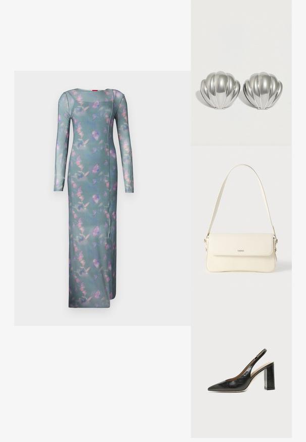 Langærmet, tætsiddende kjole i transparent teal-stof med et blomster mønster i pink og lilla. Har en rund halsudskæring og sidesømmer.; Sort læder peep-toe slingback sko med høj blokhæl og beige indvendig foring mod en ensfarvet lys baggrund.; Cremefarvet læder skuldertaske med flaplukning, sølvfarvet beslag, en enkelt justerbar rem og diskrete logodetaljer.; To sølvfarvede kompakte spejle formet som muslingeskaller med ribbede detaljer, placeret side om side på en hvid baggrund.