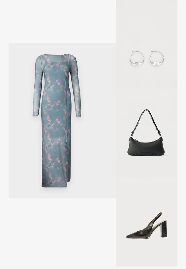 Langærmet, tætsiddende kjole i transparent teal-stof med et blomster mønster i pink og lilla. Har en rund halsudskæring og sidesømmer.; Sort læder peep-toe slingback sko med høj blokhæl og beige indvendig foring mod en ensfarvet lys baggrund.; Sort skuldertaske i læder med en buet rektangulær form, gyldent kæde vævet ind i en flettet sort rem og toplynlås.; Sølv hoops øreringe med en poleret overflade og DKNY branding, præsenteret mod en simpel hvid baggrund.