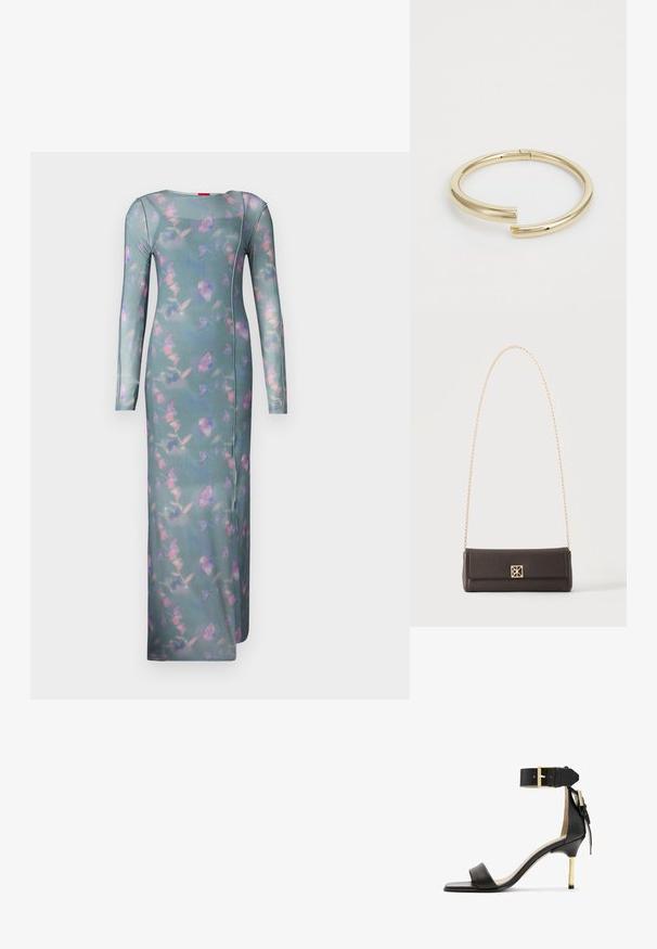 Langærmet, tætsiddende kjole i transparent teal-stof med et blomster mønster i pink og lilla. Har en rund halsudskæring og sidesømmer.; Sort læder hæl sandal med firkantet tå, ankelrem med en guldbuckle og en slank metallisk hæl. Glat tekstur, minimalistisk design.; Rektangulær mørkebrun læderhåndtaske med guldkæde-rem og en lille firkantet guldlås midtfor.; Calvin Klein SPIRAL - Armbånd - gold-coloured