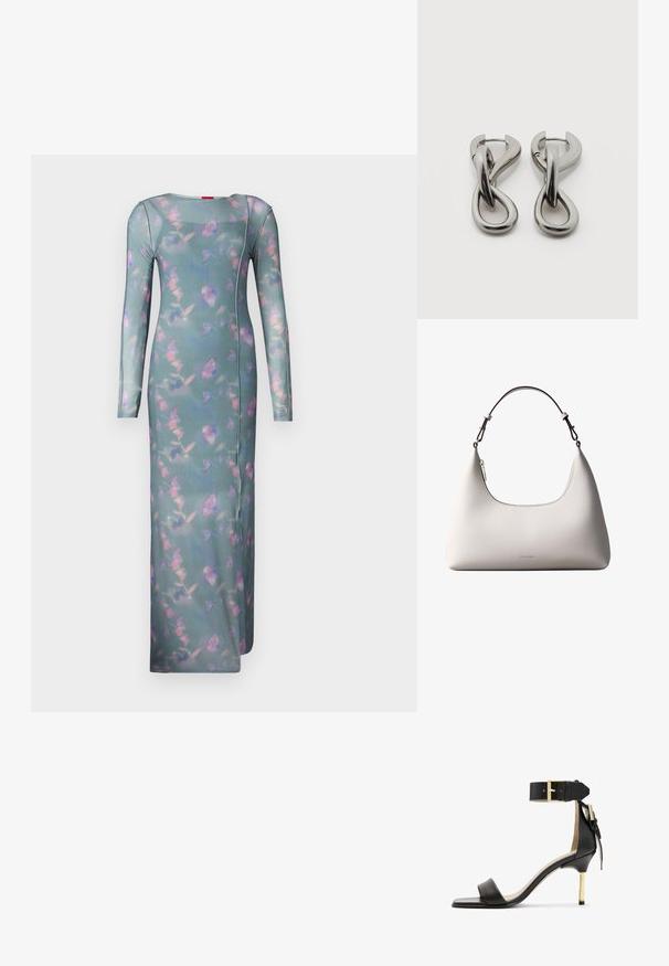 Langærmet, tætsiddende kjole i transparent teal-stof med et blomster mønster i pink og lilla. Har en rund halsudskæring og sidesømmer.; Sort læder hæl sandal med firkantet tå, ankelrem med en guldbuckle og en slank metallisk hæl. Glat tekstur, minimalistisk design.; Cremefarvet skuldertaske i læder fra Calvin Klein med buet topkant, sølvfarvet lynlås og mørkebrun justerbar rem.; Par af sølvtonede metale øreringe med abstrakt sammenflettet løbedesign på hvid baggrund.