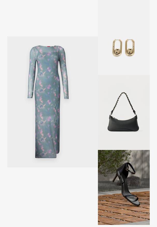 Langærmet, tætsiddende kjole i transparent teal-stof med et blomster mønster i pink og lilla. Har en rund halsudskæring og sidesømmer.; Sort højhælet sandal med ankelsnor, der ser ud til at svæve over et trægulv udendørs med sløret grønt og sten i baggrunden.; Sort skuldertaske i læder med en buet rektangulær form, gyldent kæde vævet ind i en flettet sort rem og toplynlås.; BOSS DOUBLE B SWING - Øreringe - gold-coloured