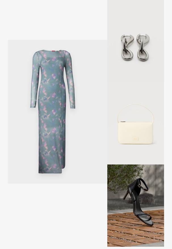 Langærmet, tætsiddende kjole i transparent teal-stof med et blomster mønster i pink og lilla. Har en rund halsudskæring og sidesømmer.; Sort højhælet sandal med ankelsnor, der ser ud til at svæve over et trægulv udendørs med sløret grønt og sten i baggrunden.; Kremfarvet rektangulær håndtaske med en enkelt rem og lynlås øverst, med en lille præget logo-plakette foran.; Par af sølvtonede metale øreringe med abstrakt sammenflettet løbedesign på hvid baggrund.