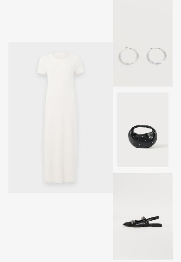 Vestido beige de manga corta hasta la rodilla, hecho de tela de algodón suave. Cuenta con un escote redondo y una silueta simple y recta.; Even&Odd by Zalando Bailarinas con tira trasera - black; Bolso de mano de cuero negro con forma redondeada, decorado con detalles de tachuelas plateadas y un asa corta. Textura lisa y cierre con cremallera.; Pendientes de aro de metal plateado con superficie lisa y ligeramente curvada y cierre de tipo mosquetón sobre un fondo blanco liso.