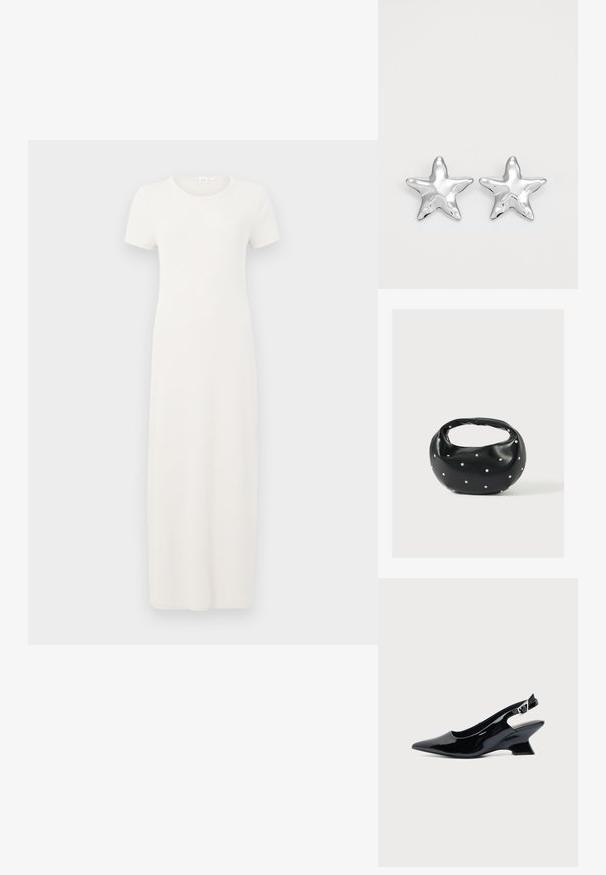 Vestido beige de manga corta hasta la rodilla, hecho de tela de algodón suave. Cuenta con un escote redondo y una silueta simple y recta.; Zapato slingback de cuero charol negro con puntera puntiaguda y tacón bajo en bloque inclinado sobre fondo claro liso.; Bolso de mano de cuero negro con forma redondeada, decorado con detalles de tachuelas plateadas y un asa corta. Textura lisa y cierre con cremallera.; Pendientes en forma de estrella plateada con una superficie pulida y brillante. Cada pendiente presenta cinco puntas y sutiles detalles de textura en la superficie.