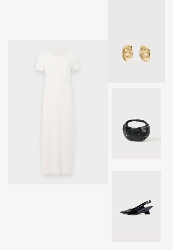 Beige, kortærmet kjole i knælængde lavet af blødt bomuldsstof. Har rund halsudskæring og en enkel, lige silhuet.; Sort laklæder slingback-sko med spids tå og lav skrå blokhæl på hvid baggrund.; Sort læderhåndtaske med en rundet form, dekoreret med sølvnitter, og et kort håndtag. Glat tekstur og lynlåslukning.; Par skinnende, ujævnt formede øreringe af guldmetal med en krøllet, glat overflade på en ensartet lys baggrund.
