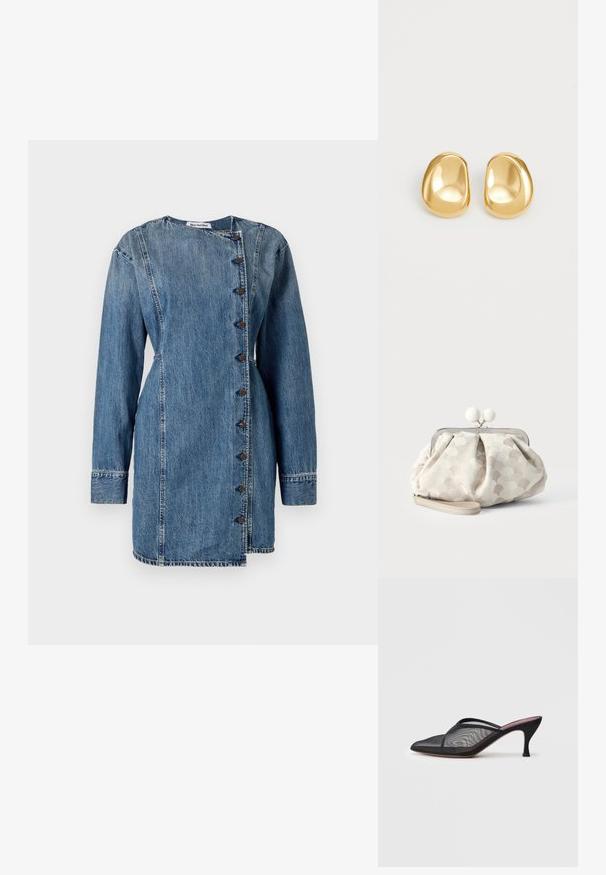 Denimkjole med lange ærmer, høj krave og asymmetrisk knaplukning. Har en mellem blå vask, let tekstur og tætsiddende pasform.; Sort mesh mule med spids tå, tynde stropper og 3-tommer stiletto hæl. Har en gennemsigtig struktur og en ensfarvet sål.; Lille beige clutch- taske med tekstureret prikket stof, sølvramme, rund hvid lukning og aftagelig håndledsrem på ensfarvet baggrund.; Guldfarvede stud øreringe med en glat, rund form og en reflekterende overflade, der fremhæver et minimalistisk design uden synlige mønstre.