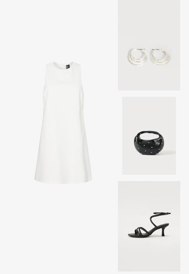 Valge ilma varrukateta kleit ümmarguse kaelusega, A-liini siluett, sile tekstuur ja peidetud selja lukuga. Lihtne ja minimalistlik disain.; Even&Odd Wide Fit by Zalando Sandaalid - black; Mustast nahast ümmarguse kujuga käekott, kaunistatud hõbedaste naeladega, lühikese sangaga. Sile tekstuur ja tõmblukuga sulgemine.; Hõbedast rõngakujulised kõrvarõngad, millel on kolm kihilist poolringikujulist paela, üks kaunistatud väikeste läbipaistvate kristallidega heledal taustal.