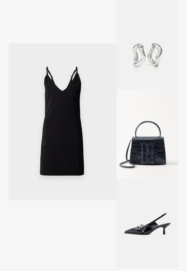 Vestido negro sin mangas con escote en V, hecho de tela suave, que presenta apliques decorativos de estrellas de cuentas en la parte delantera.; Zapato de charol negro con talón bajo tipo slingback, punta puntiaguda y detalle de hebilla plateada sobre fondo blanco liso.; Bolso de mano de cuero negro con estampado de cocodrilo, diseño estructurado, asa superior, correa ajustable y un destacado detalle del logotipo en la parte frontal.; Pendientes de aro plateados con un diseño retorcido. Bordes redondeados y acabado brillante. Cierres abiertos para un fácil uso. Textura suave en toda la superficie.