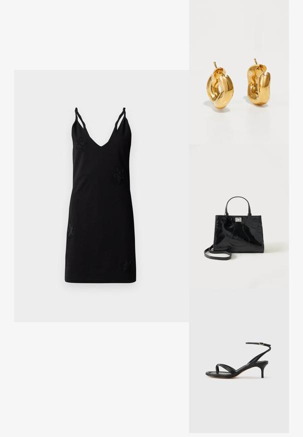 Vestido negro sin mangas con escote en V, hecho de tela suave, que presenta apliques decorativos de estrellas de cuentas en la parte delantera.; Sandalia negra de cuero para mujer con tiras finas, un lazo para el dedo del pie, hebilla en el tobillo y tacón de aguja de altura media sobre un fondo neutro.; Bolso de mano negro de piel patentada con asas redondeadas, una correa de hombro desmontable y cierre de broche plateado sobre un fondo blanco liso.; Pendientes de aro grueso en oro con un diseño tubular ligeramente retorcido y cierre de presión, sobre un fondo blanco.