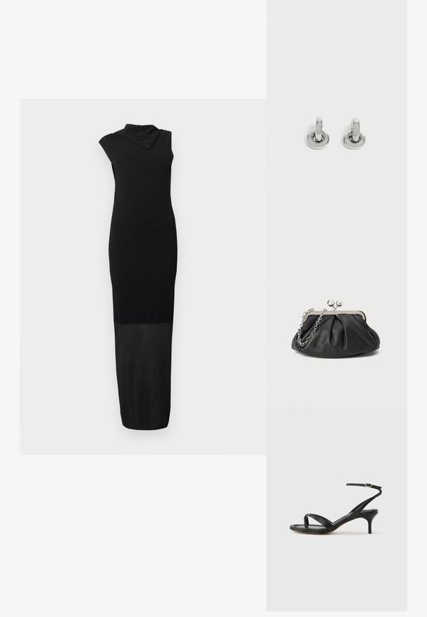 Robe maxi noire sans manches avec un décolleté asymétrique et une moitié inférieure texturée s'étendant jusqu'à l'ourlet.; Sandale pour femme en cuir noir avec fines lanières, une boucle d'orteil, une boucle à la cheville et un talon aiguille de hauteur moyenne sur un fond neutre.; Porte-monnaie en cuir noir avec texture froncée, cadre en métal argenté, fermeture à verrouillage kiss-lock et bandoulière en chaîne. Surface lisse et douce.; Paire de petites boucles d'oreilles créoles argentées brillantes avec une base ronde, présentées sur un fond clair uni.