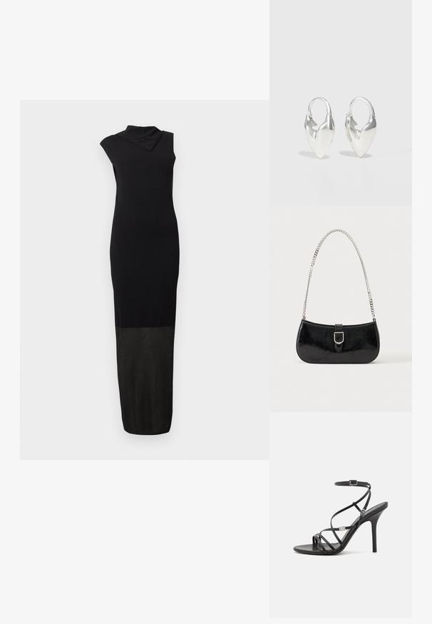 Robe maxi noire sans manches avec un décolleté asymétrique et une moitié inférieure texturée s'étendant jusqu'à l'ourlet.; Sandale noire à talons hauts avec des brides fines, une boucle à la cheville, une surface en cuir lisse et un talon aiguille élancé.; Sac à épaule en cuir verni noir avec détail de boucle argentée et bandoulière en chaîne argentée, présenté sur un fond uni clair.; Otiumberg ROSCIDA HEART HOOPS - Boucles d'oreilles - silver-coloured