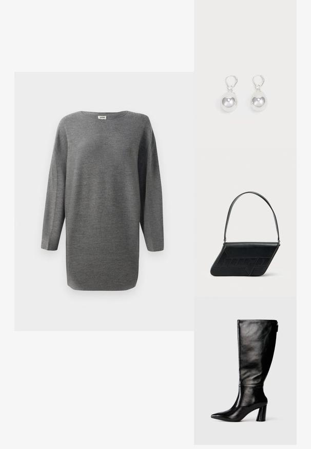 Suéter de punto gris de corte holgado y manga larga, con cuello redondo y dobladillo recto, presentado sobre un fondo blanco.; Bota de cuero negro hasta la rodilla con punta afilada, textura suave y un tacón grueso. Presenta un detalle de cremallera en la parte de atrás.; Bolso de hombro de cuero negro con forma triangular, logo en relieve y una sola correa ajustable. Diseño minimalista con textura suave.; Pendientes de plata en forma de gota con superficies redondas y reflectantes colgando de cierres de palanca. El fondo es blanco liso.